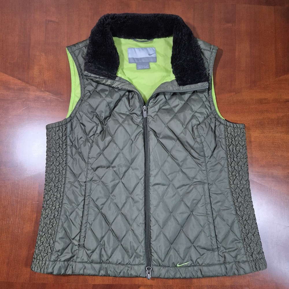 Nike Vest Womens Large Olive Green Running Insulated Puffer‎ Vest Fur Collar